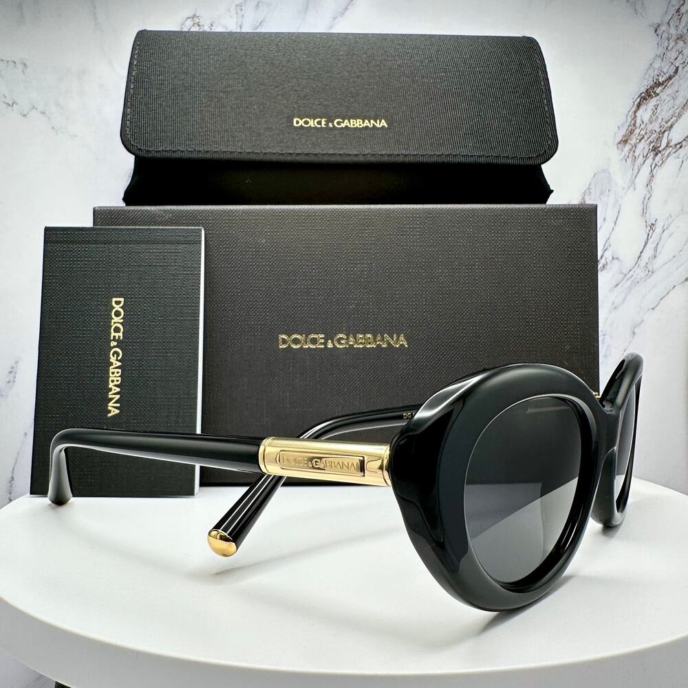 New Dolce & Gabbana Sunglasses Black Oval Cat Eye Gold Metal Logo 54-18